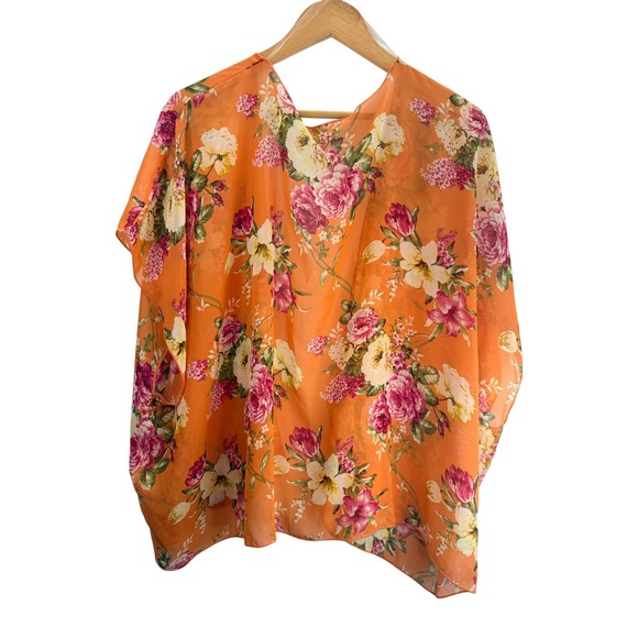 Adora Orange Floral Kimono Lightweight Open Front Short Sleeve Flowy Cover Up - Picture 2 of 6